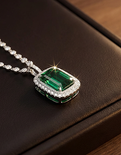 White gold pendant necklace featuring a rectangular emerald gemstone with a diamond halo on a leather case.