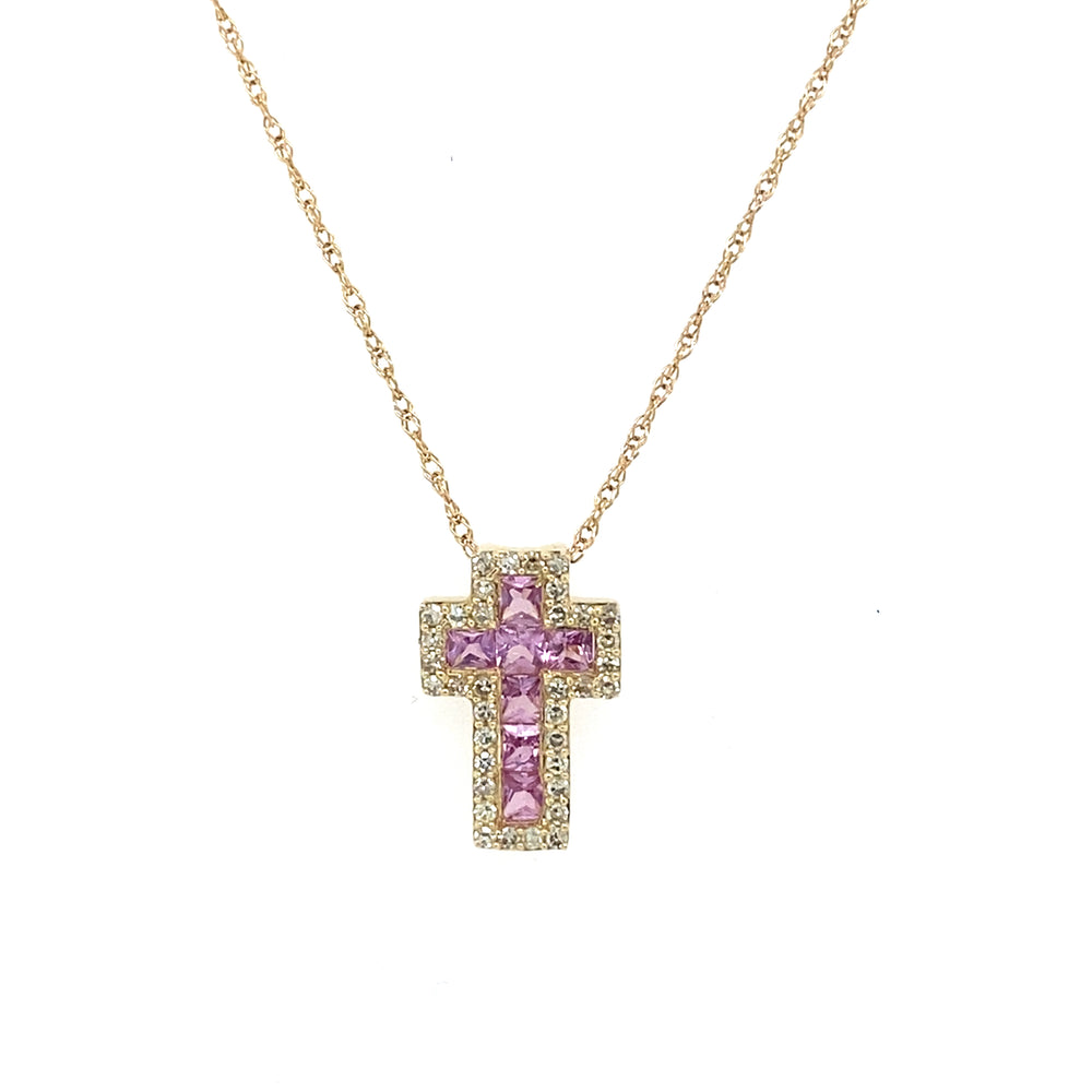 14K Rose Gold Pink Sapphire & Diamond Cross Pendant