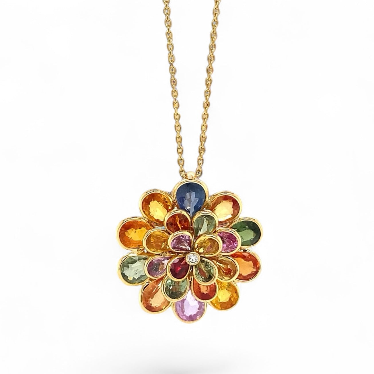 18K Yellow Gold Rainbow Sapphire Floral Pendant