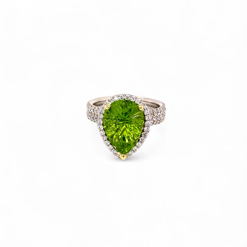 Platinum Carved Peridot & Diamond Halo Ring