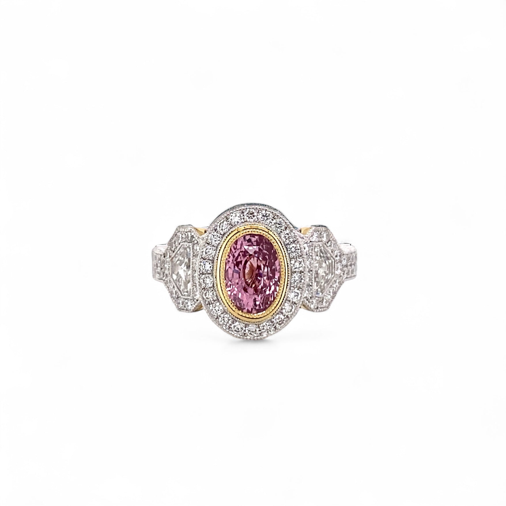 Platinum & 18K Gold Unheated Padparadscha Sapphire & Diamond Ring