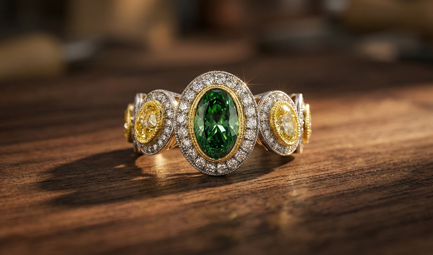 Vintage-style multi-stone ring with a central oval green emerald, yellow side diamonds, and diamond halos on a wooden background