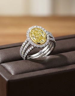 Two-tone diamond engagement ring featuring a large oval yellow center stone, resting in a leather case.